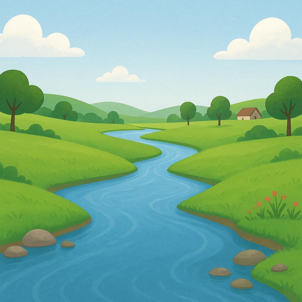 A high quality simple colorful storybook illustration depicting a wide blue river that splits into two smaller, distinct flowing branches.