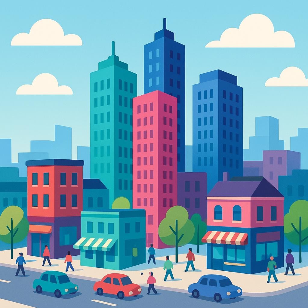 A view of a bustling city center with several tall, modern skyscrapers clustered together.