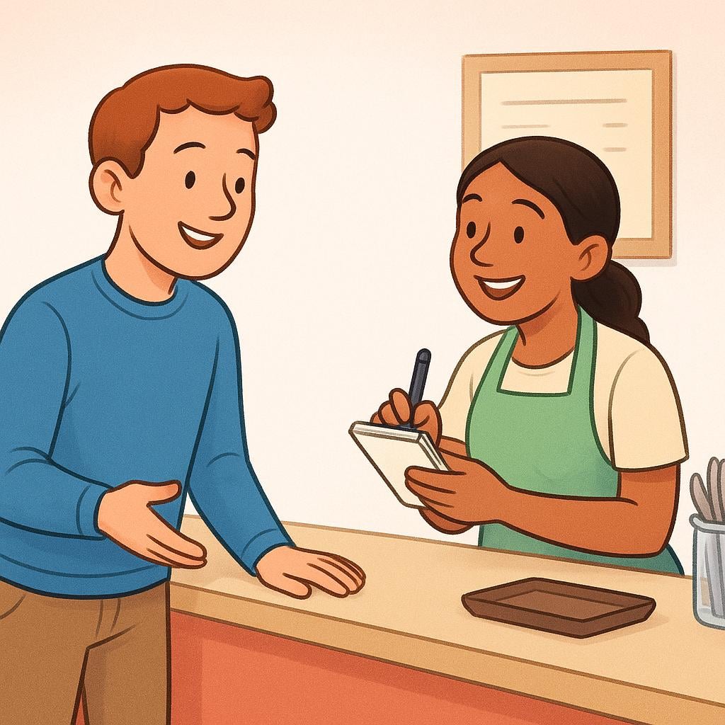 A person standing at a counter giving an order for food to a server holding a notepad.