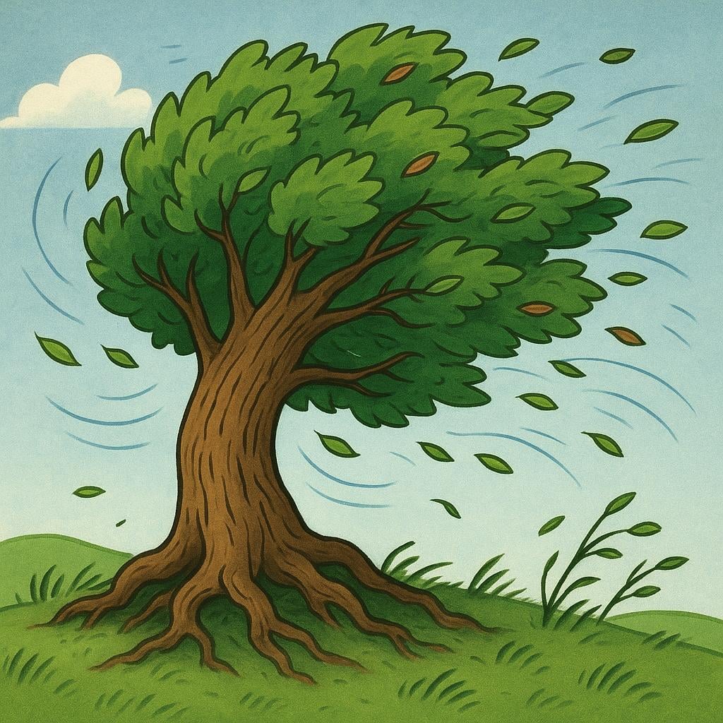 A large, sturdy oak tree with thick roots holding firm against a strong wind.