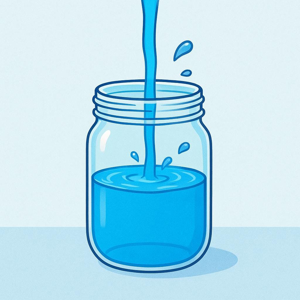 A simple, clear glass jar half-filled with bright blue water, with a stream of water pouring into the jar from above, increasing the water level.