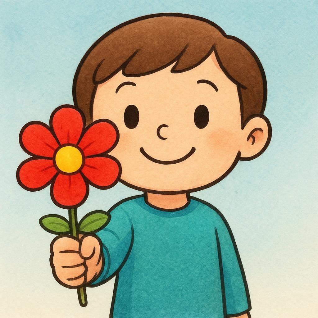 A smiling, friendly character, drawn in a simple storybook style, holds up a bright red flower with both hands, clearly presenting it to the viewer.