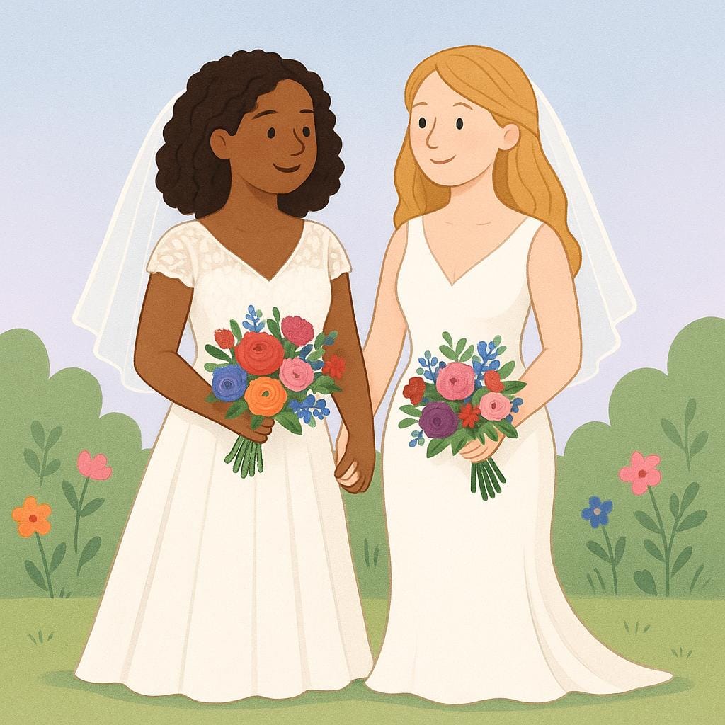 Two women wearing white wedding dresses and holding flower bouquets.