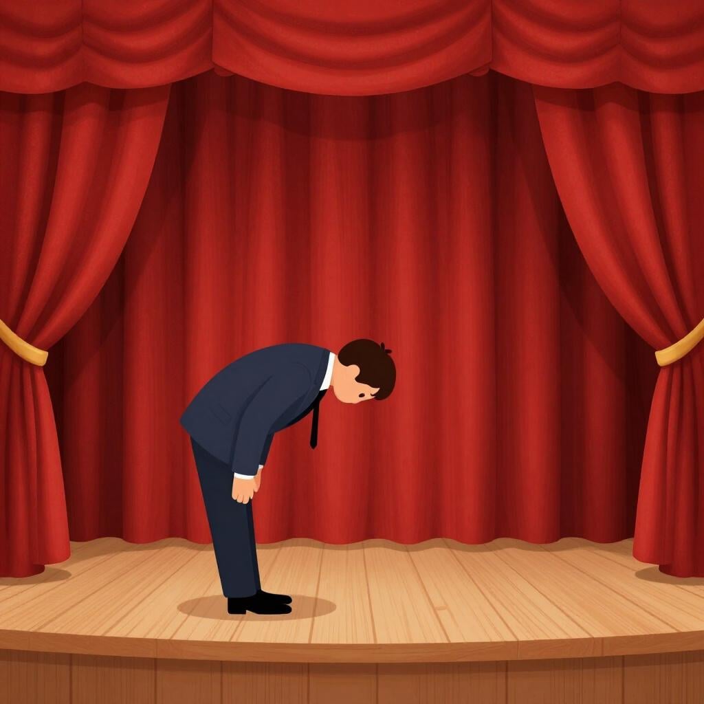 A person in a formal suit standing on a stage, bowing as a large red velvet curtain closes in front of them.