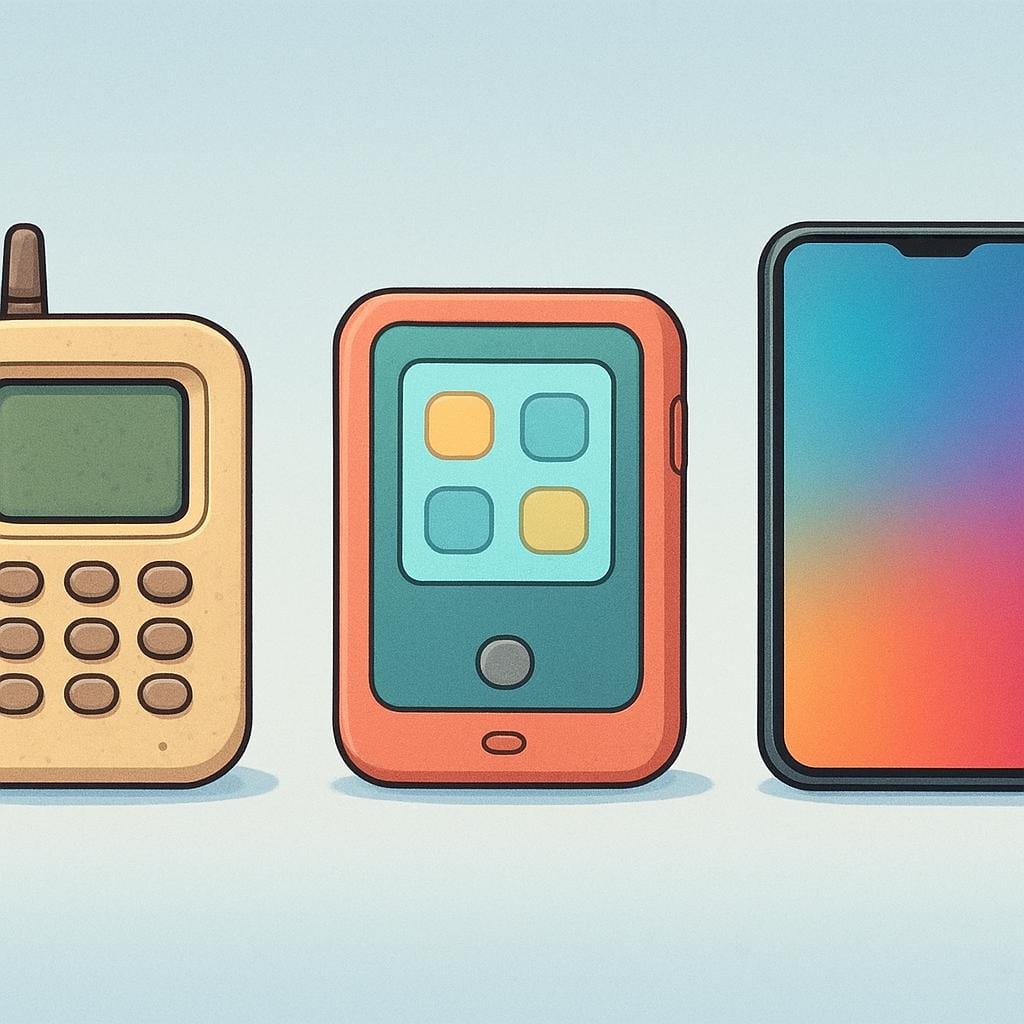 Tre versioni sequenziali di un dispositivo elettronico generico, che mostrano una chiara progressione visiva nel design da un modello vecchio e ingombrante a un modello nuovo ed elegante.