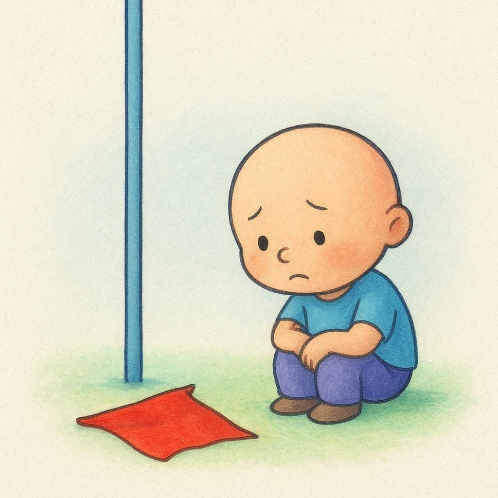 A small, frustrated cartoon character standing next to a tall pole, holding a flag that has dropped to the ground, indicating a failed attempt to plant it on top.
