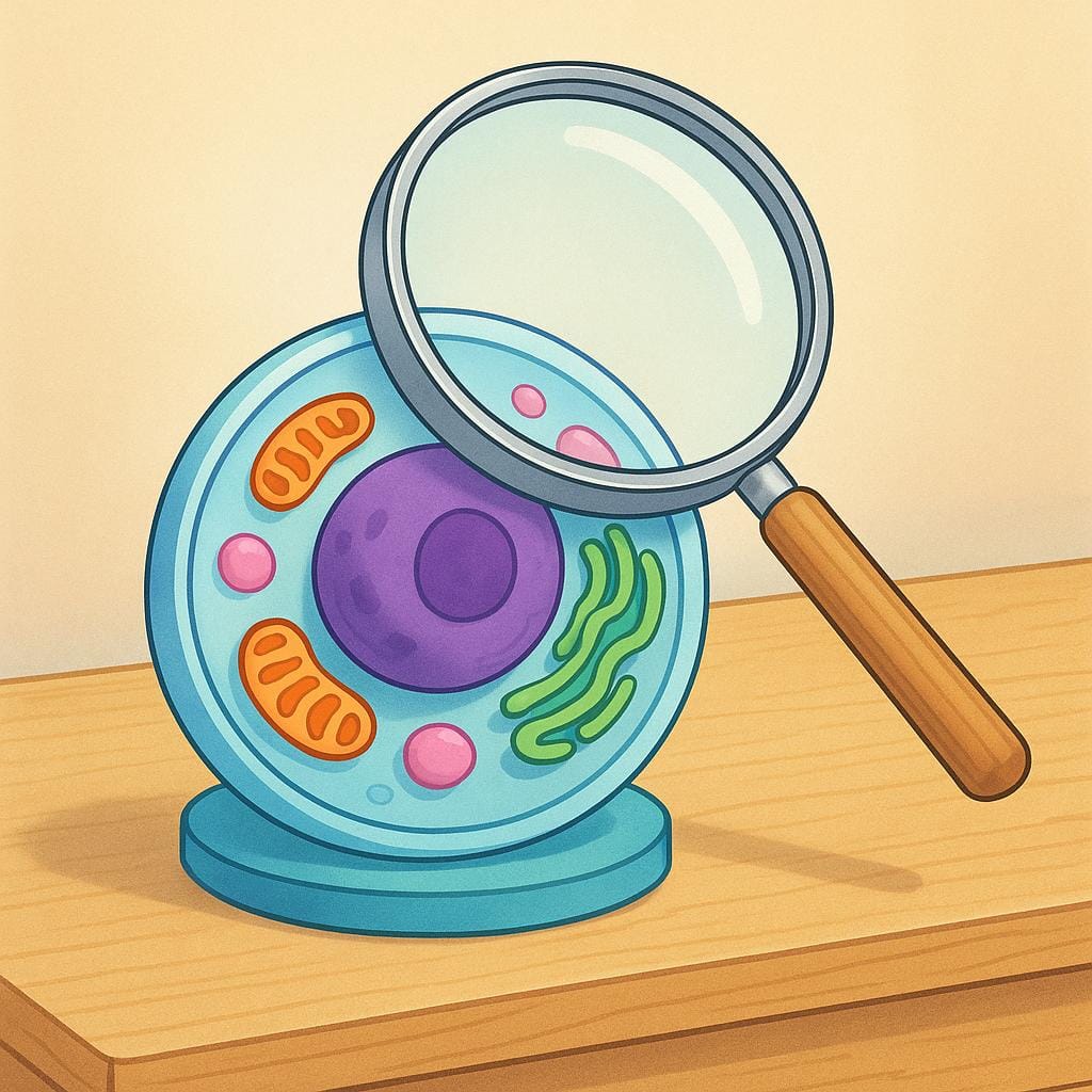 A giant magnifying glass hovering over a miniature, colorful model of a biological cell on a desk, symbolizing focused research or a field of study.