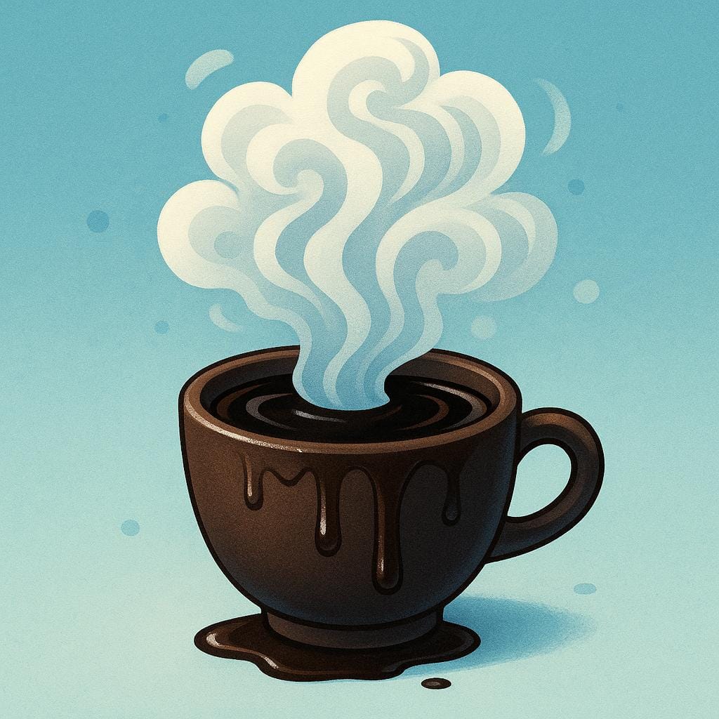 A small cup of extremely dark, rich coffee emitting thick, intense steam, symbolizing strong flavor.