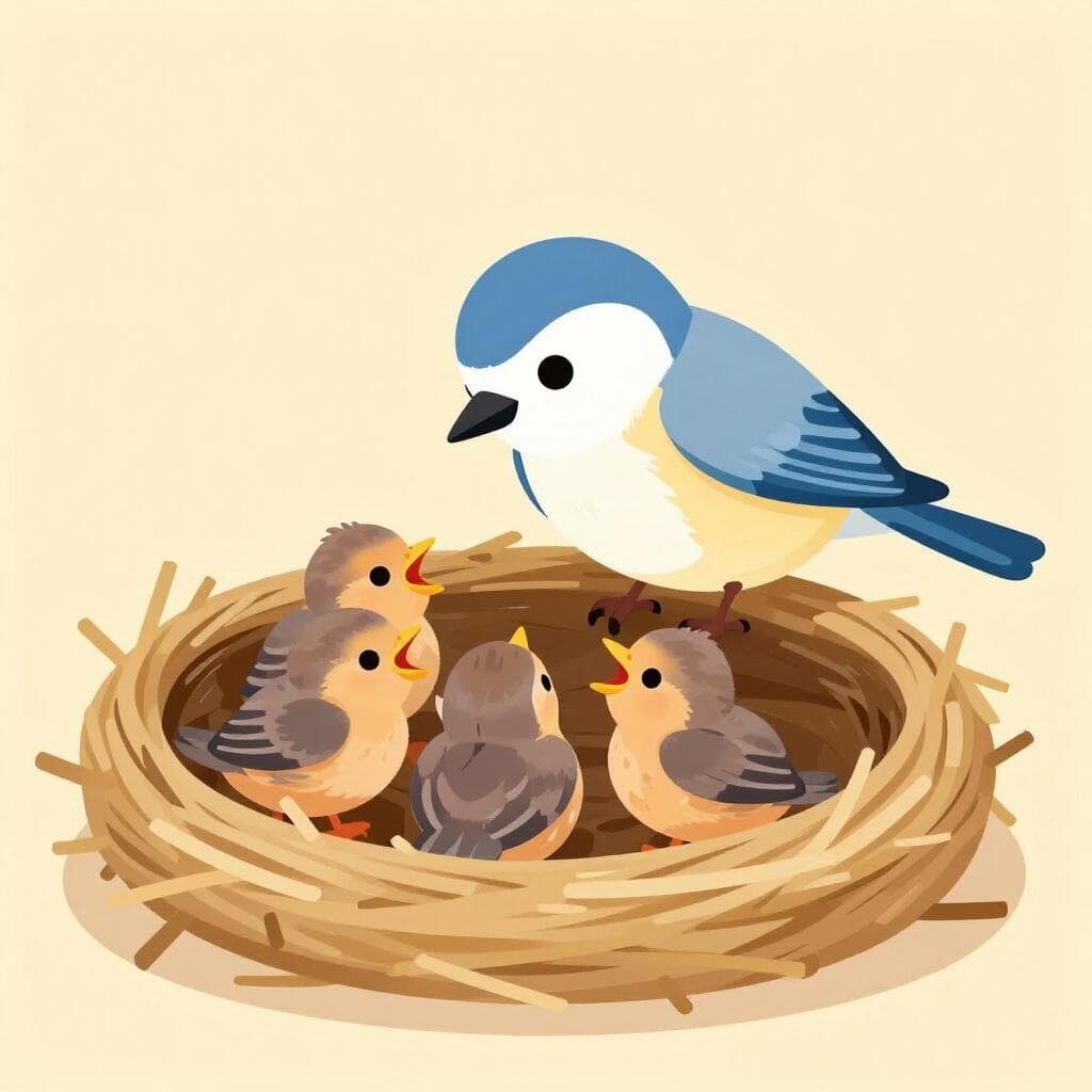 Een moeder vogel in een nest die haar jongen zachtjes voedt.