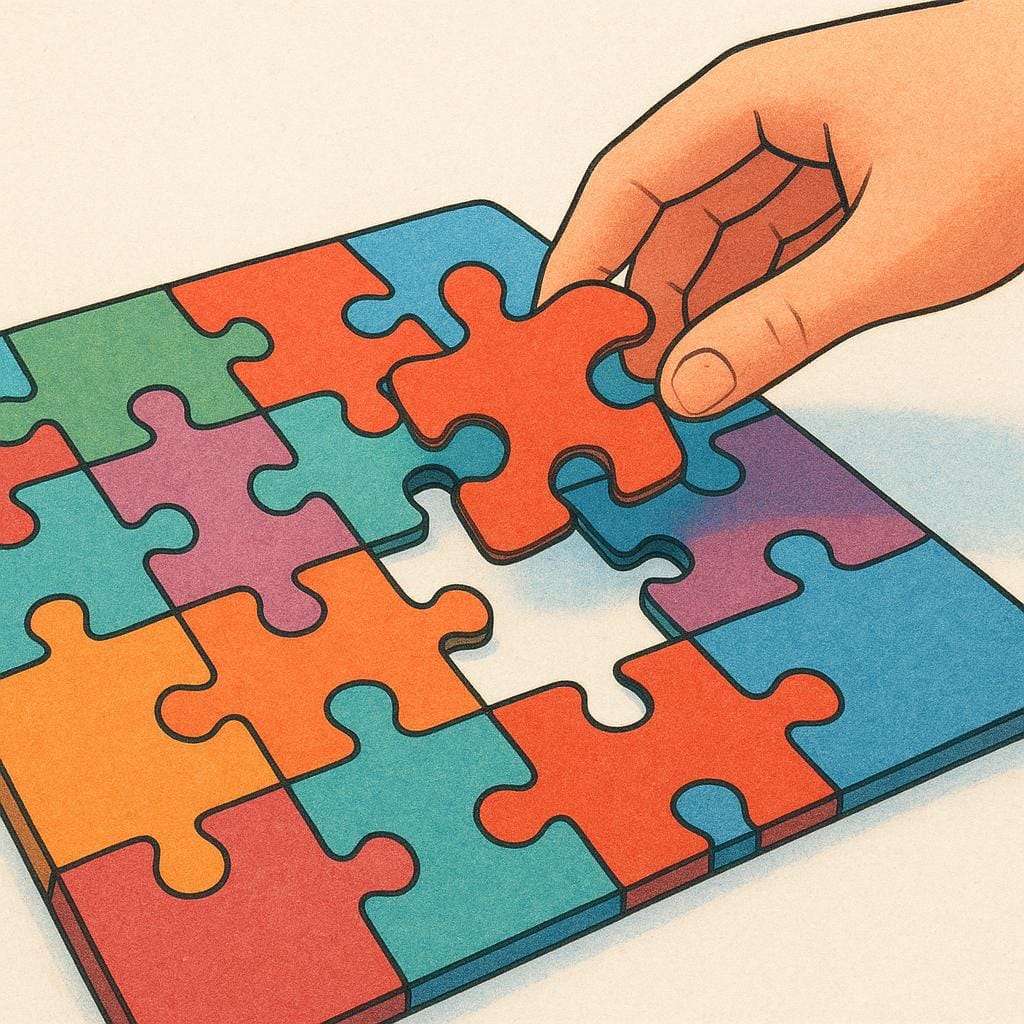 Een close-up van een hand die het laatste, onregelmatig gevormde stukje in een grote, kleurrijke en volledig voltooide legpuzzel op tafel legt.