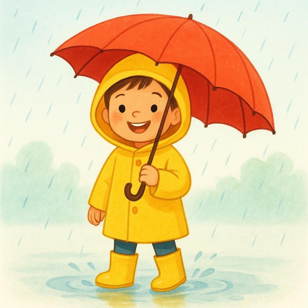 A happy child standing in light rain, fully wrapped up in a bright yellow raincoat and holding a large red umbrella over their head for protection.