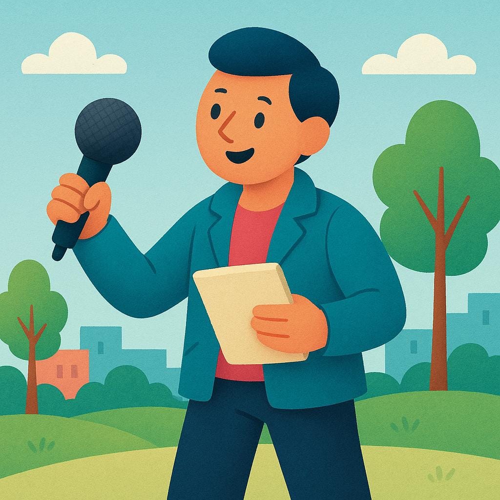 Une illustration aux couleurs vives d'un personnage tenant un microphone et un bloc-notes, représentant un journaliste couvrant l'actualité.