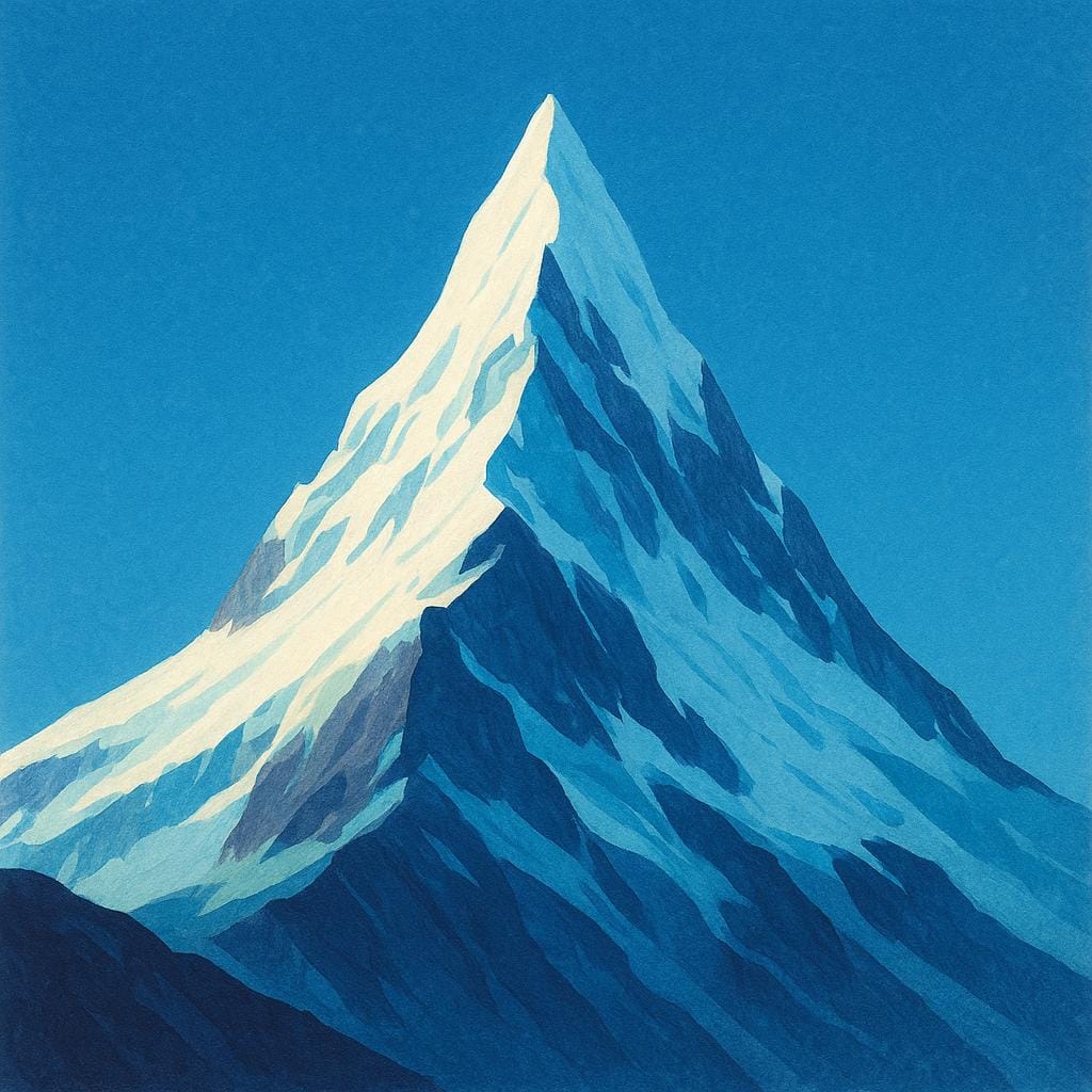 A simple, stylized illustration of a very tall, snow-capped mountain peak rising sharply against a blue sky.