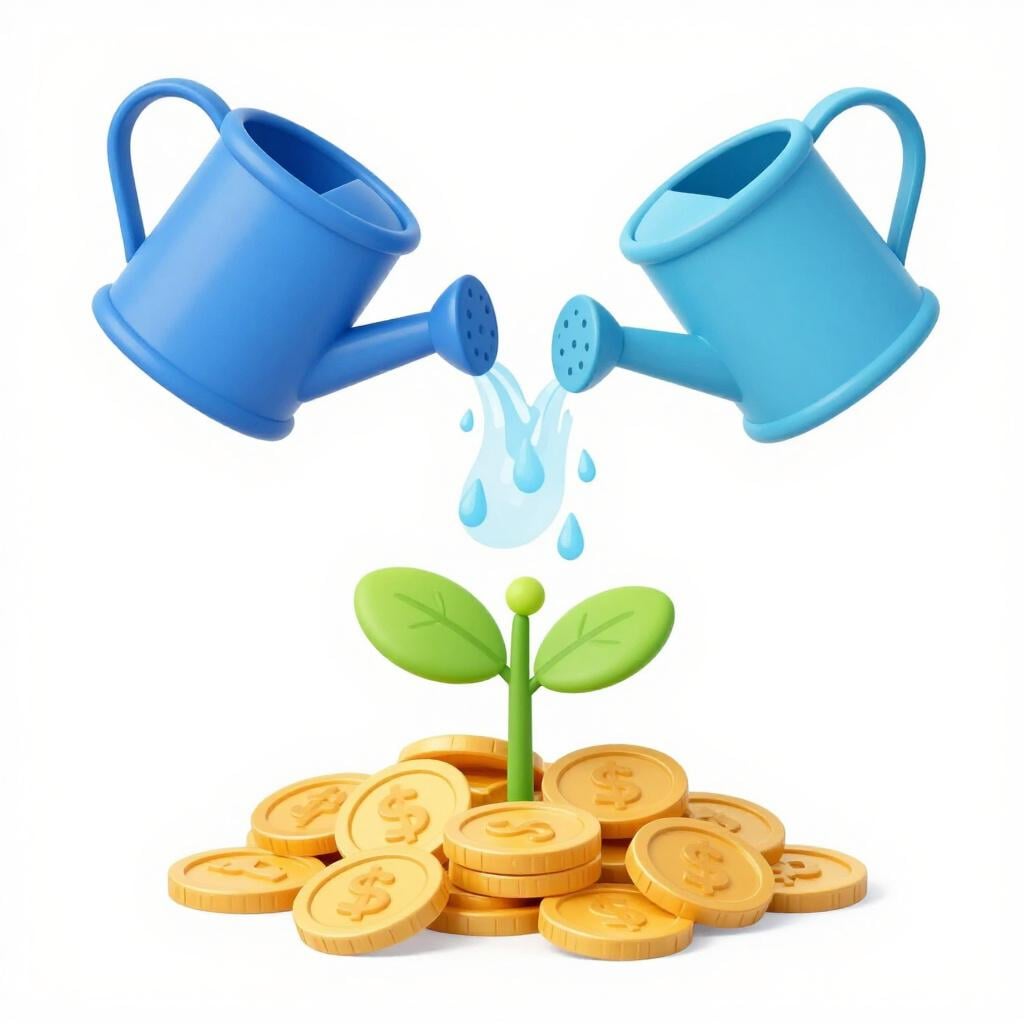 A small green sapling being watered by a watering can, growing out of a pile of gold coins.