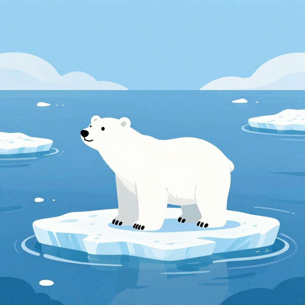 A large white polar bear standing on a small ice floe in a blue Arctic sea.