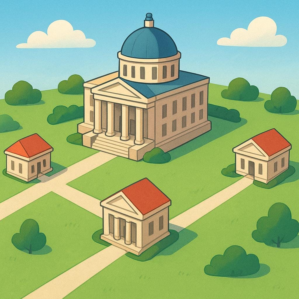 A large, majestic government building (the central authority) situated in the middle, with three smaller, identical buildings (regional entities) surrounding it. Pathways clearly connect the smaller buildings directly to the central one.