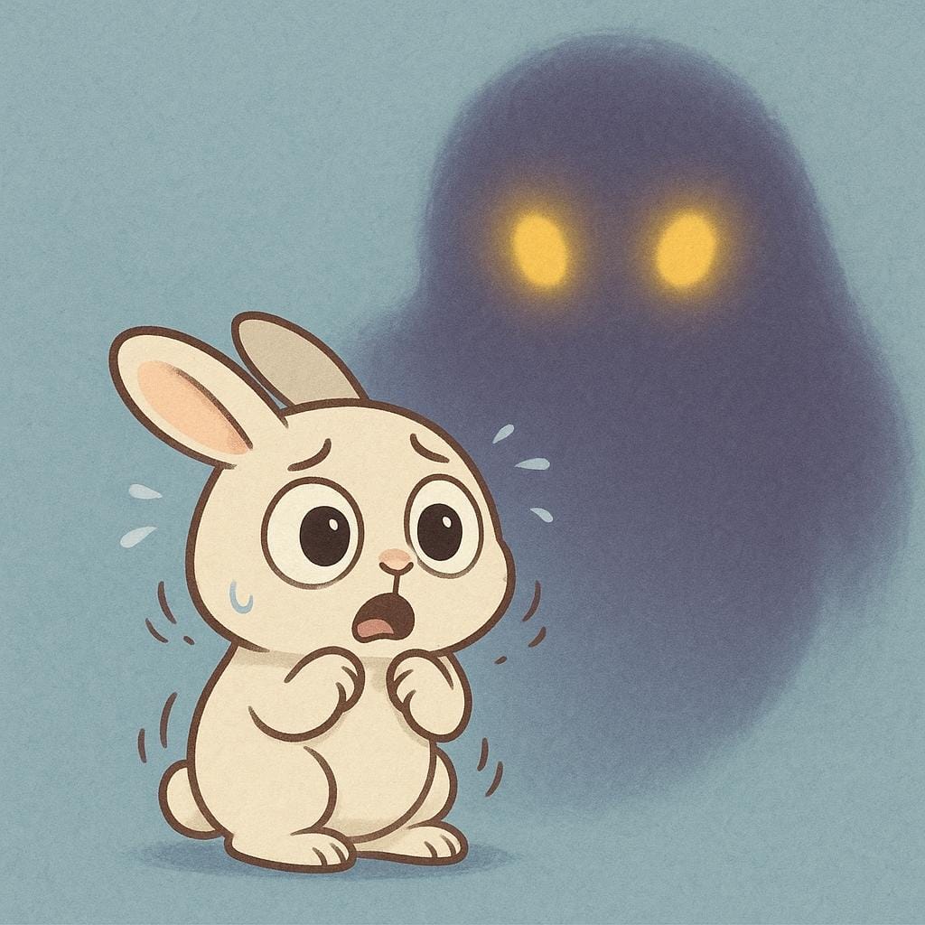 A small, wide-eyed rabbit cartoon character is shown trembling with fear. A large, indistinct dark purple shadow looms behind it, representing a terrifying presence.