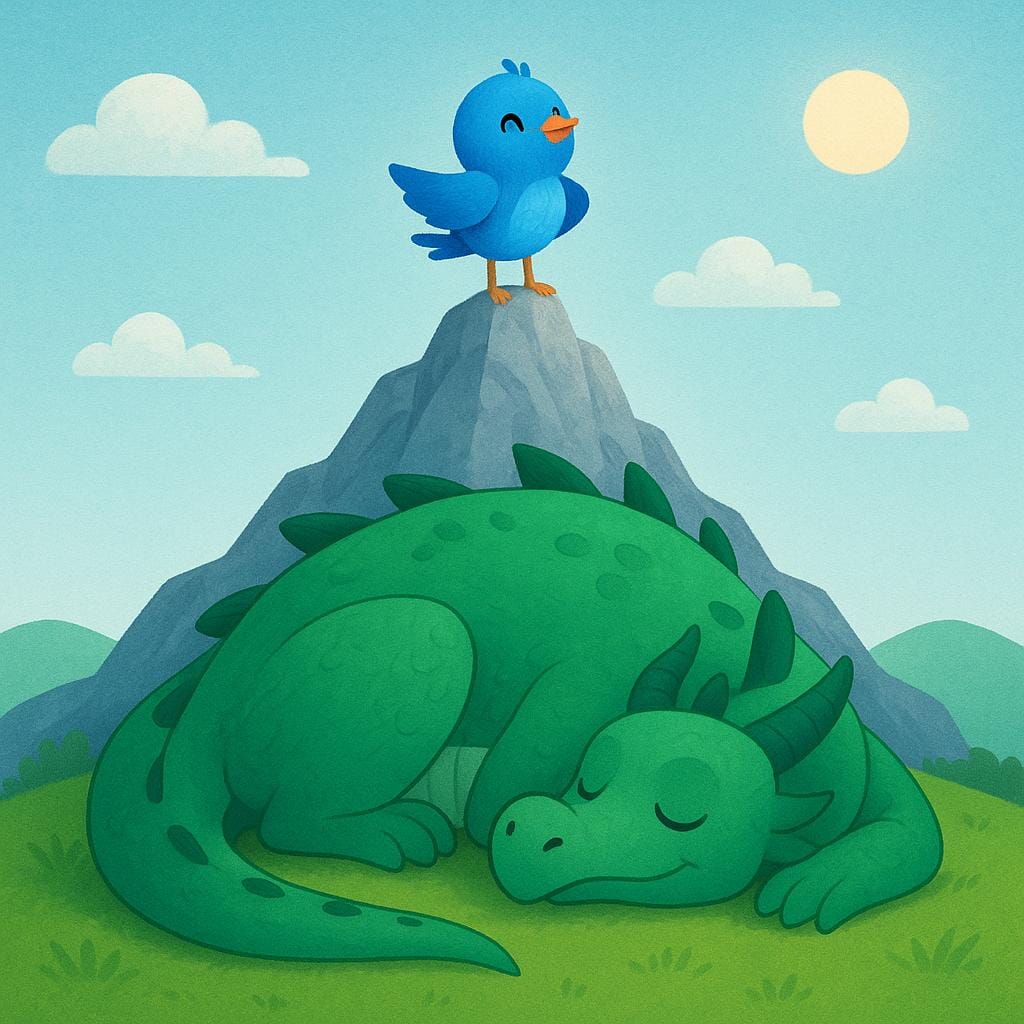Un'illustrazione colorata di un piccolo uccello blu in cima a una grande montagna, che guarda in basso un gigantesco drago che si è addormentato.