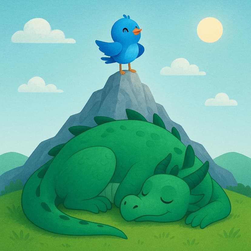 Eine farbenfrohe Illustration eines kleinen blauen Vogels, der auf einem großen Berg steht und auf einen riesigen Drachen hinunterschaut, der eingeschlafen ist.