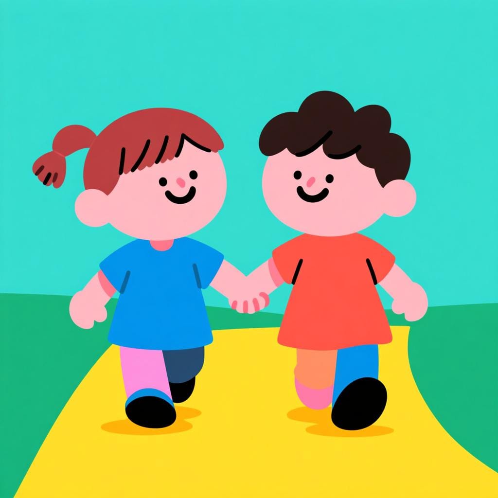 Due bambini dei cartoni animati felici che camminano fianco a fianco lungo un sentiero soleggiato, tenendosi per mano.