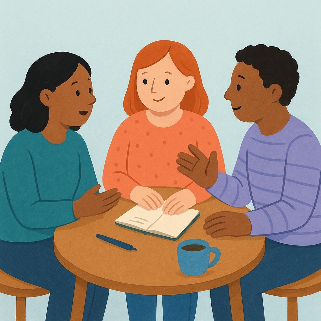 A colorful storybook illustration showing three stylized figures seated around a simple round table, engaged in a focused discussion, symbolizing a meeting or session.