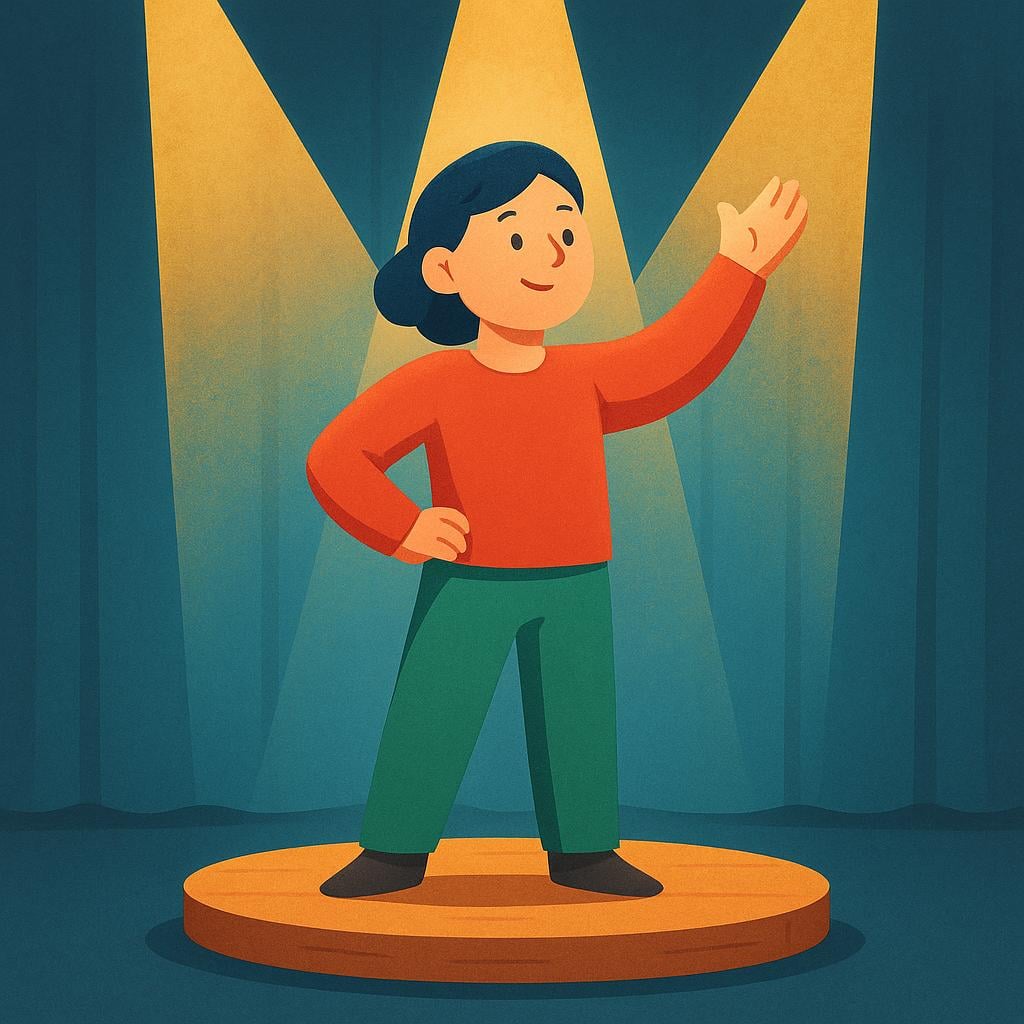 A stylized figure standing confidently on a small stage, illuminated brightly by three distinct golden spotlights shining down, symbolizing a celebrity.