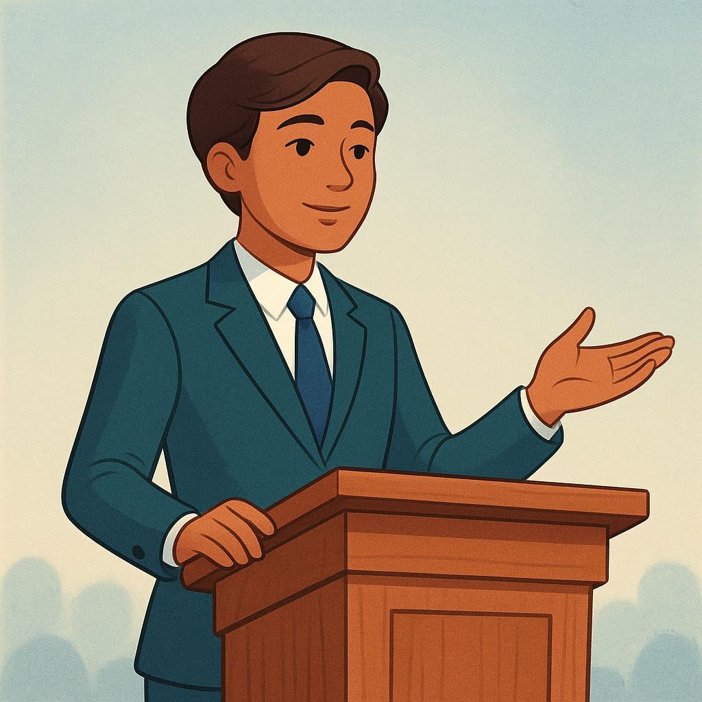 A colorful storybook illustration of a distinguished person wearing a dark business suit standing confidently behind a wooden podium, representing a notable public figure.