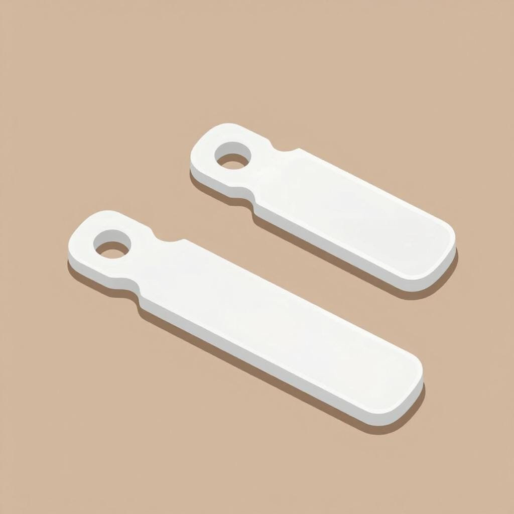 A pair of thin, rectangular white plastic inserts used to keep shirt collars straight.
