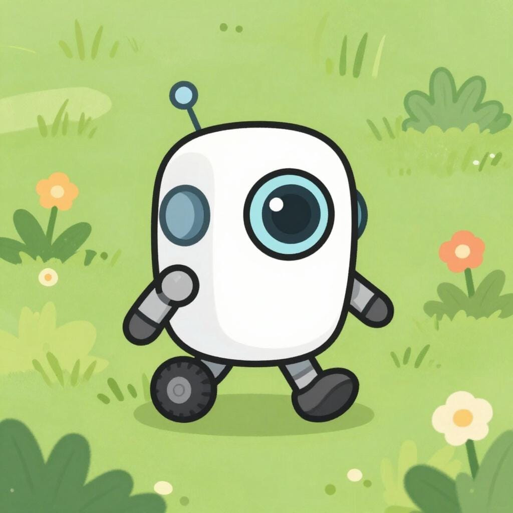 A small robot with a camera lens for an eye rolling through tall grass.