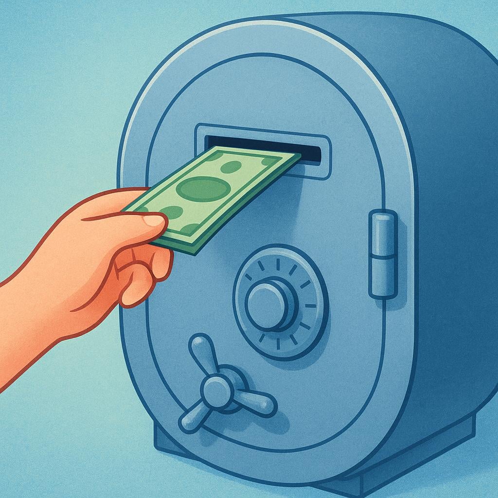 A hand dropping a stack of colorful paper money into the slot of a sturdy, cartoonish bank vault.