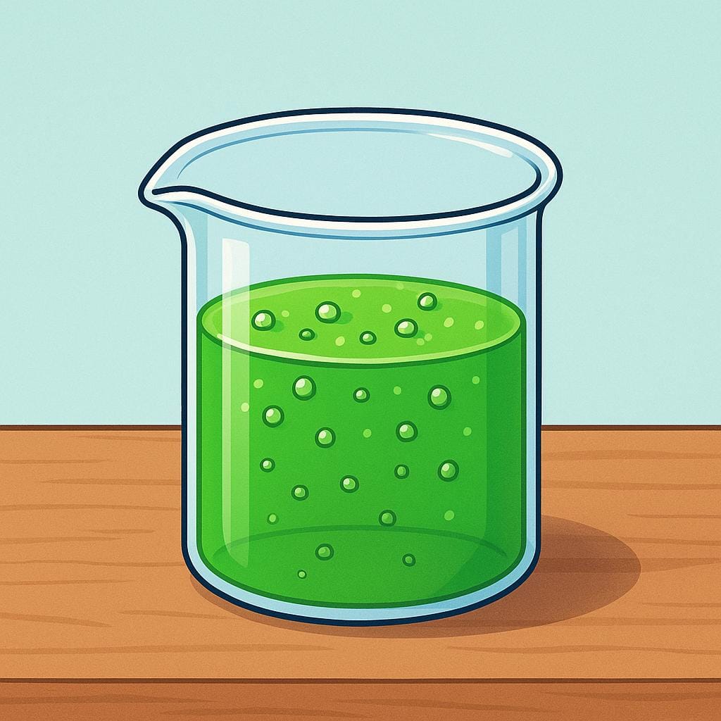 A clear glass beaker holding bubbling green liquid sits on a wooden table, illustrating a scientific experiment.