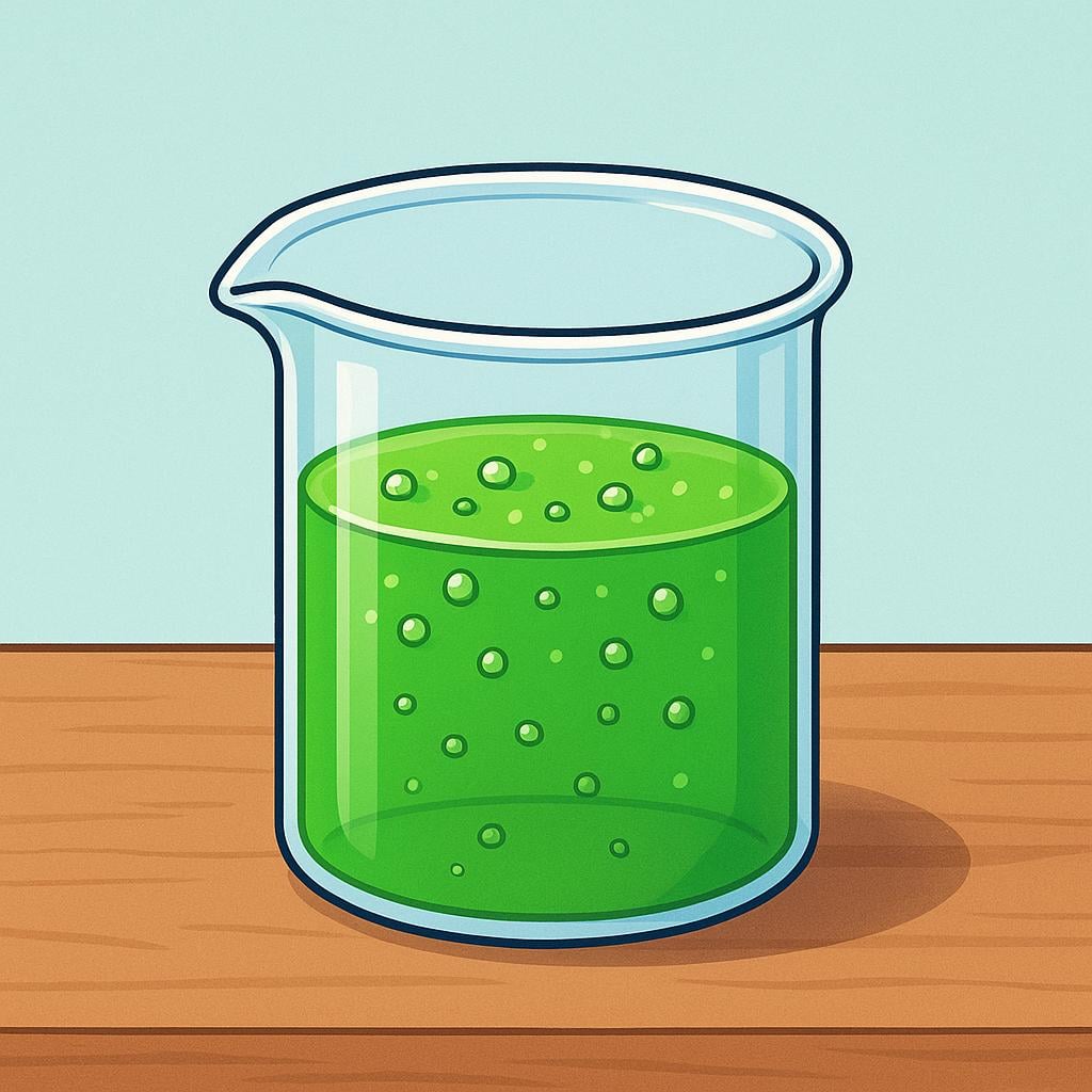 A clear glass beaker holding bubbling green liquid sits on a wooden table, illustrating a scientific experiment.