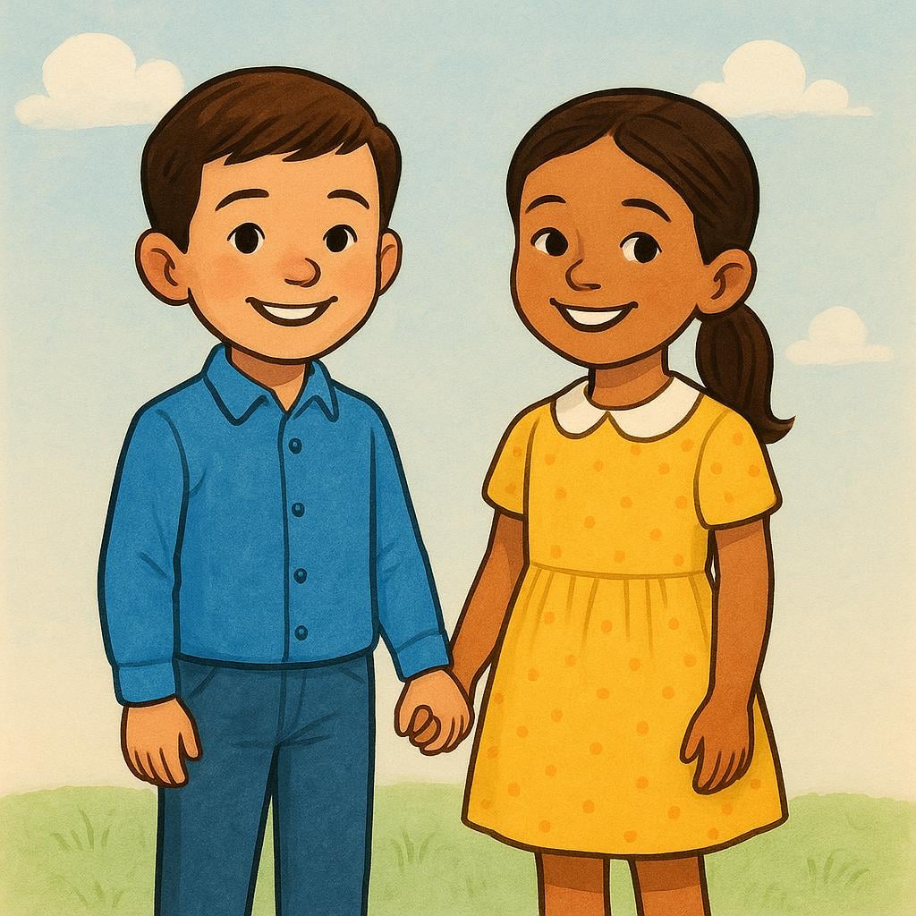 Two children, a boy and a girl, dressed neatly in bright, tidy clothing, standing side-by-side and smiling, depicting a positive appearance.
