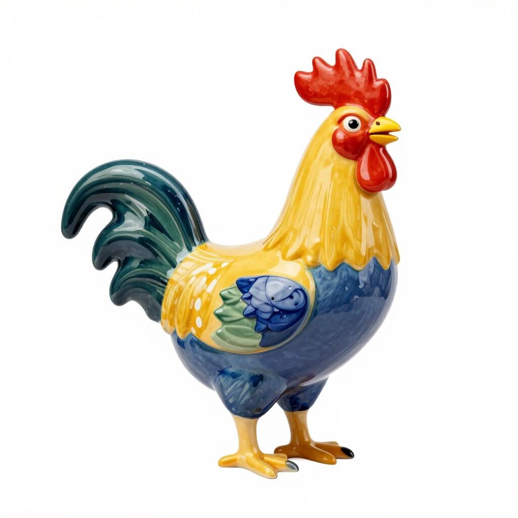 Un gallo di ceramica colorato con motivi tradizionali rossi, gialli e blu su sfondo bianco.
