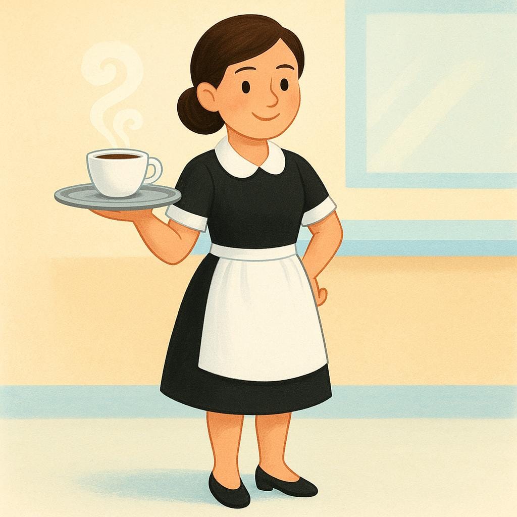 明るいカフェで、笑顔の女性がコーヒーカップを乗せたトレイを持ち、給仕する準備をしています。