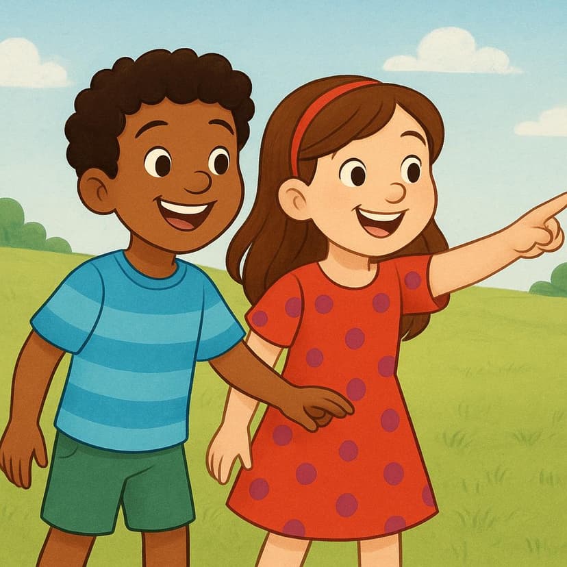 A colorful illustration showing a boy and a girl standing together, both pointing enthusiastically in the same direction, suggesting they are agreeing to start a joint activity.