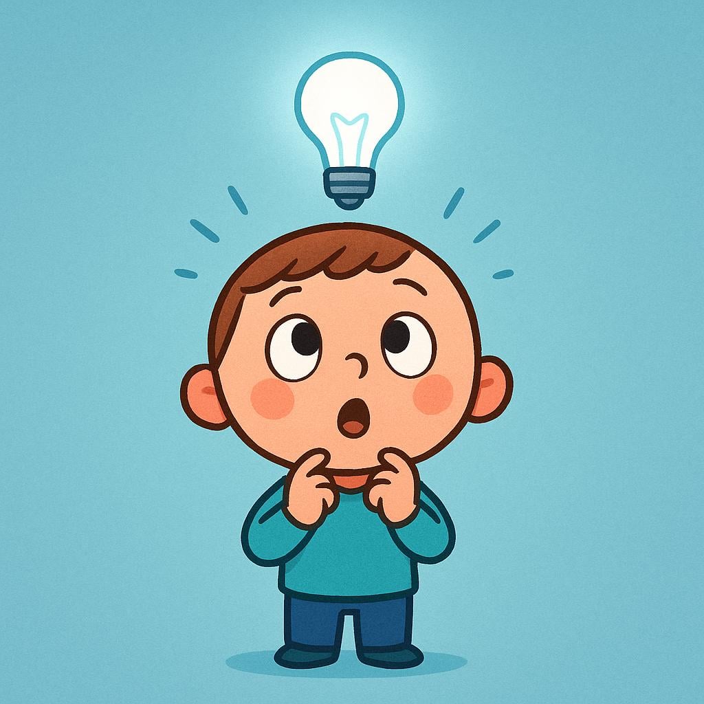 A simple storybook character with wide eyes, looking surprised, as a glowing lightbulb suddenly appears and illuminates brightly above their head, symbolizing a sudden discovery or realization.