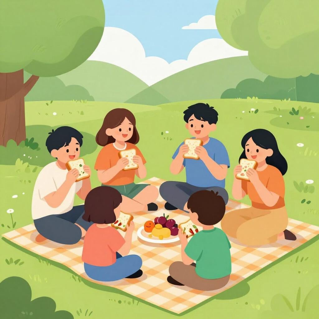 A group of friends having a picnic together on a blanket in a park.
