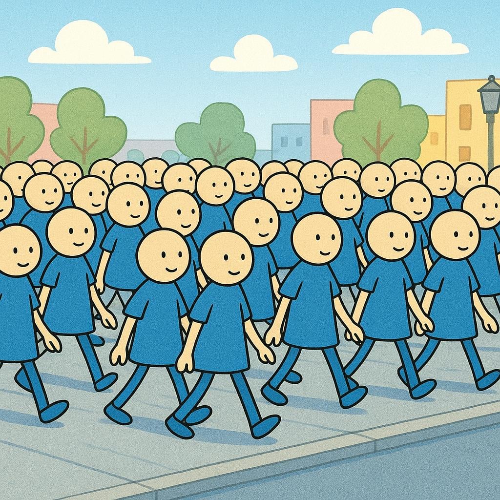 A large group of identically designed stick figures walking together, symbolizing the general public or the average person.