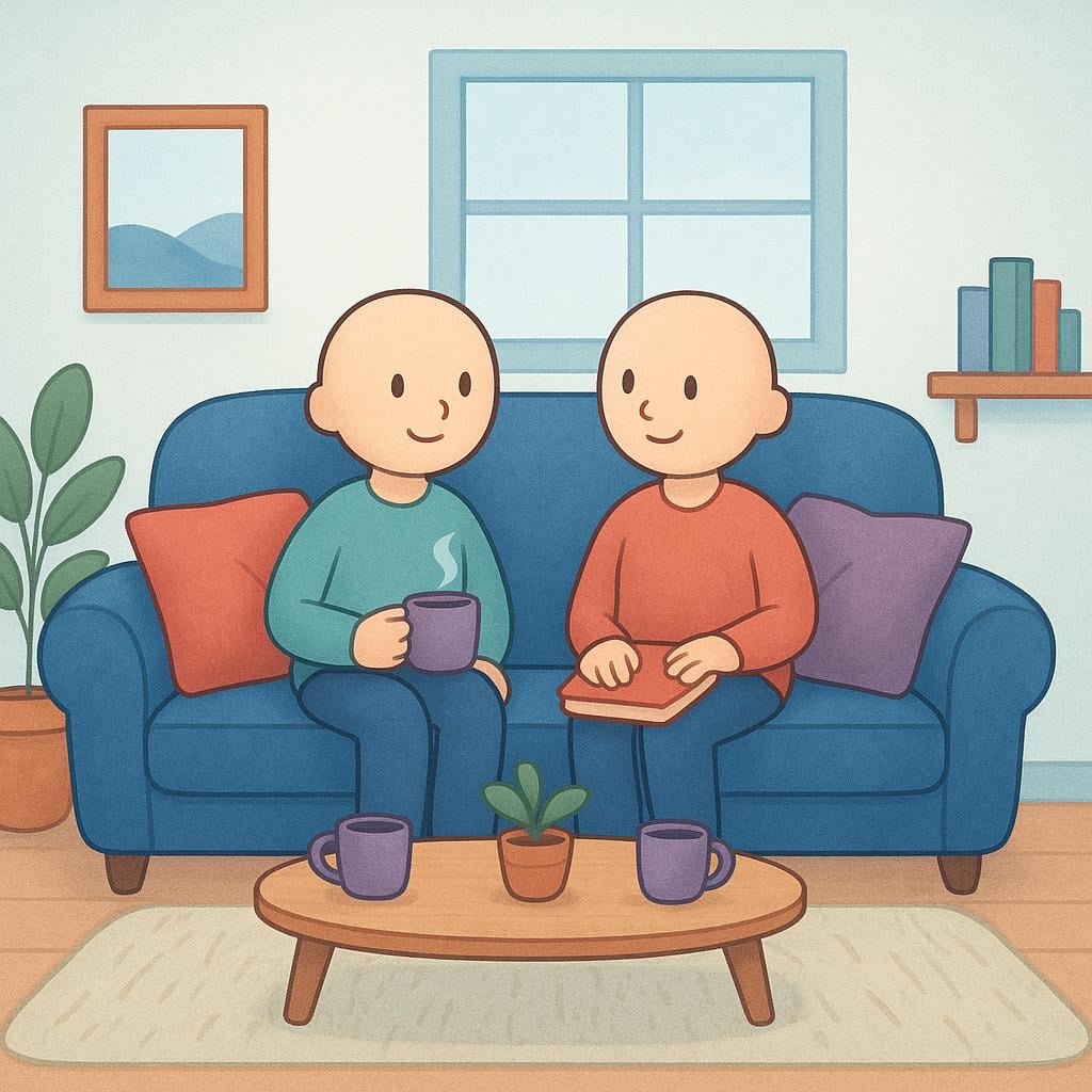 Two stylized figures relaxing comfortably on a large blue sofa in a cozy living room, surrounded by pillows, indicating that they are staying put.