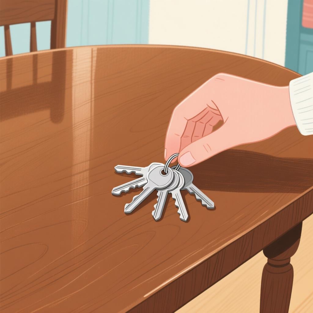 A person's hand placing a small bundle of silver keys onto the surface of a simple wooden table.