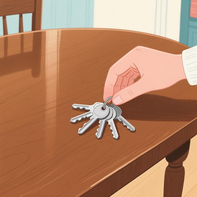 A person's hand placing a small bundle of silver keys onto the surface of a simple wooden table.