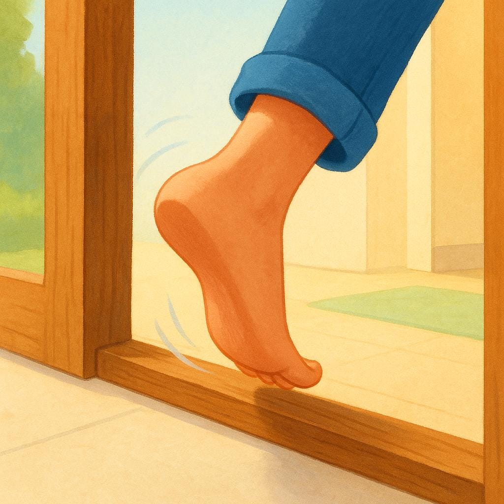 Una piccola figura che attraversa la soglia di una porta aperta e luminosa, passando dall'esterno all'interno di una stanza.