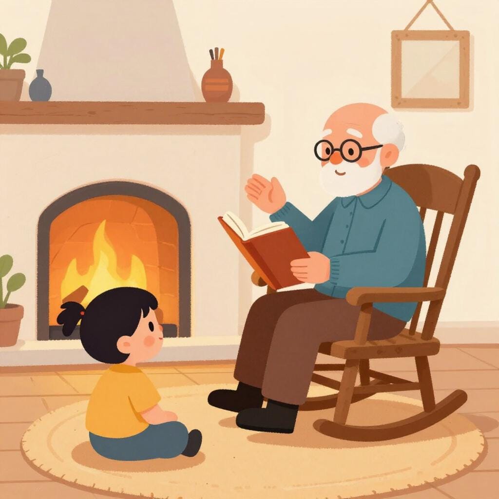 Uma criança sentada perto de uma lareira aconchegante ouvindo atentamente um idoso segurando um livro aberto.
