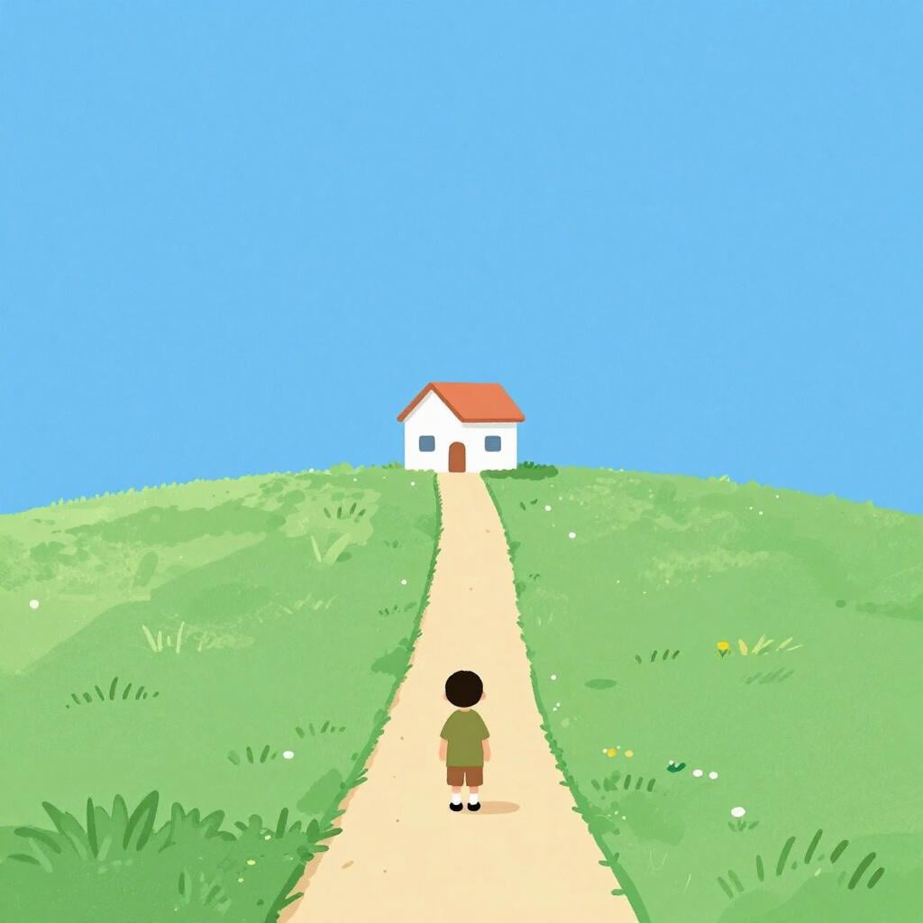 A small house sitting on top of a green hill far away from a hiker.