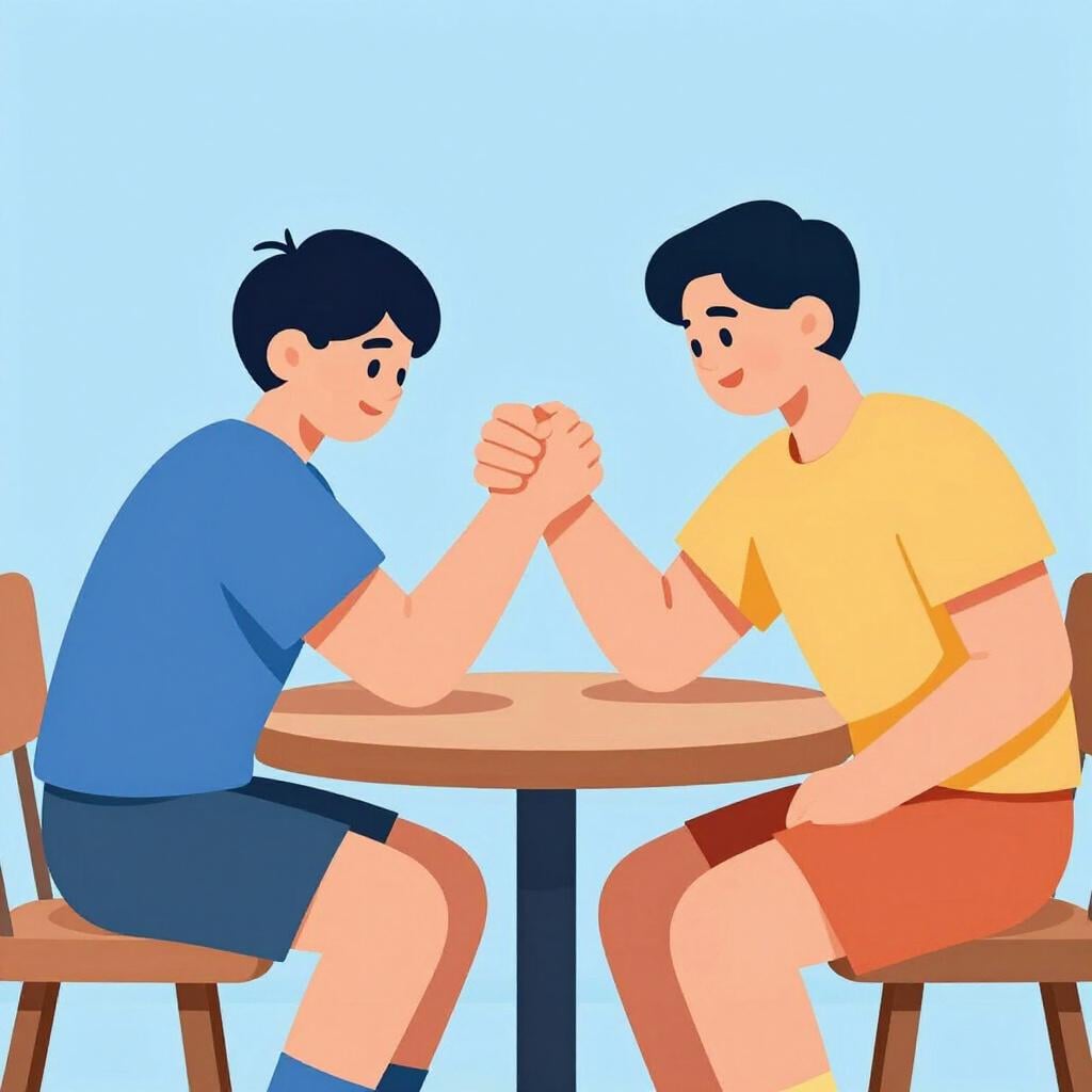 Two arm wrestlers competing at a wooden table.
