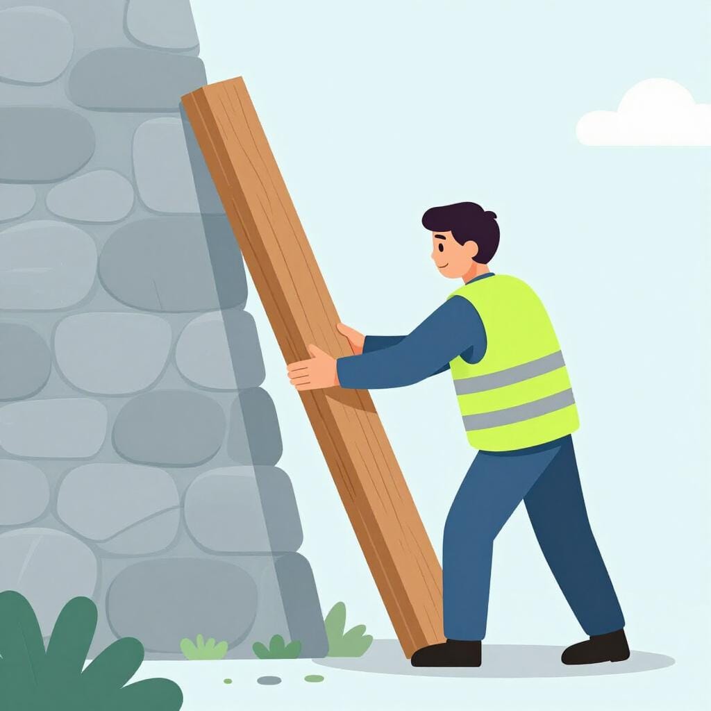 A worker placing a sturdy timber against a wall to stabilize it.