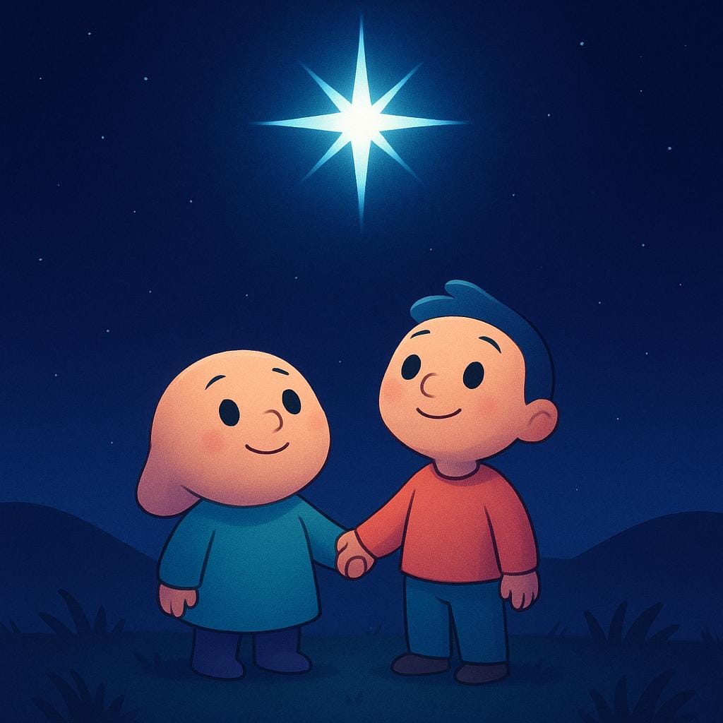 A storybook illustration featuring two small, friendly characters standing together in a dark field, gazing upwards at a single, bright, stylized star in the night sky, symbolizing collective hope.