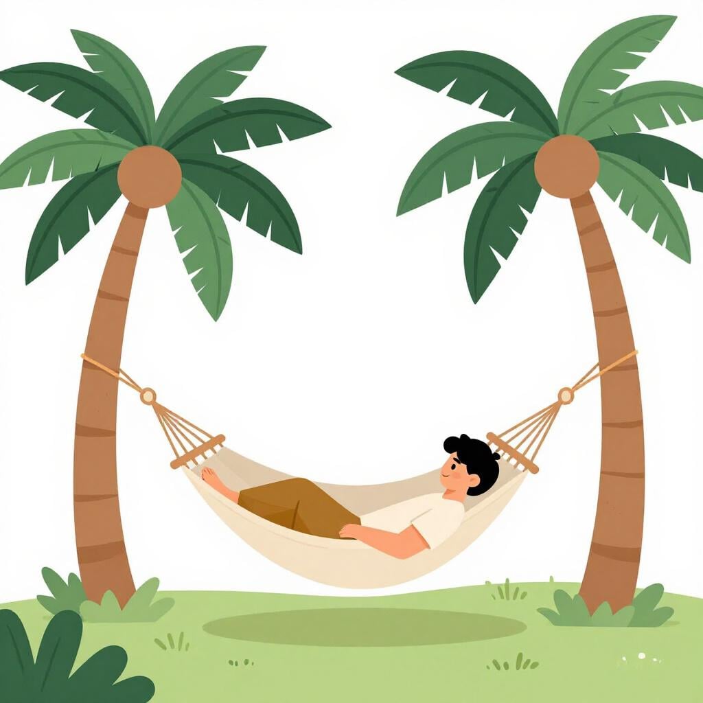 A person lying comfortably in a colorful hammock between two palm trees, eyes closed in relaxation.