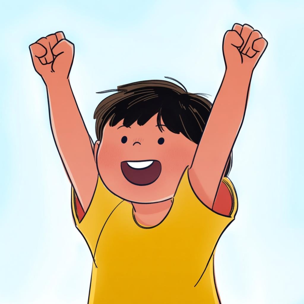 A child with a wide smile, raising both arms high above their head in an enthusiastic cheering gesture.